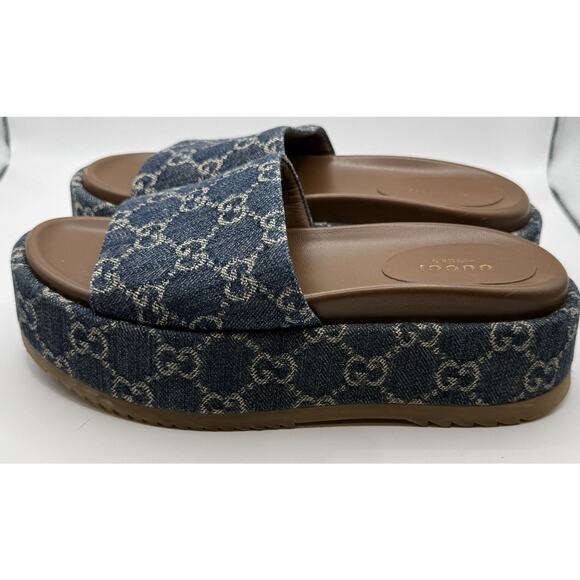 Gucci Cloth Mule Platform Blue Denim Monogram Sandals Size 35 US 5 MSRP $590 - Picture 4 of 9